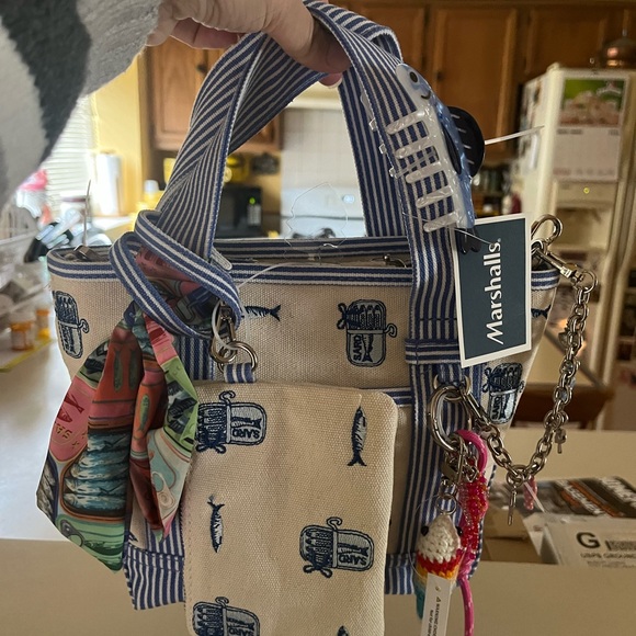 Marshalls Handbags - Marshalls Blue & Cream Madden Girl Sardine Canvas Tote with Scarf Accent